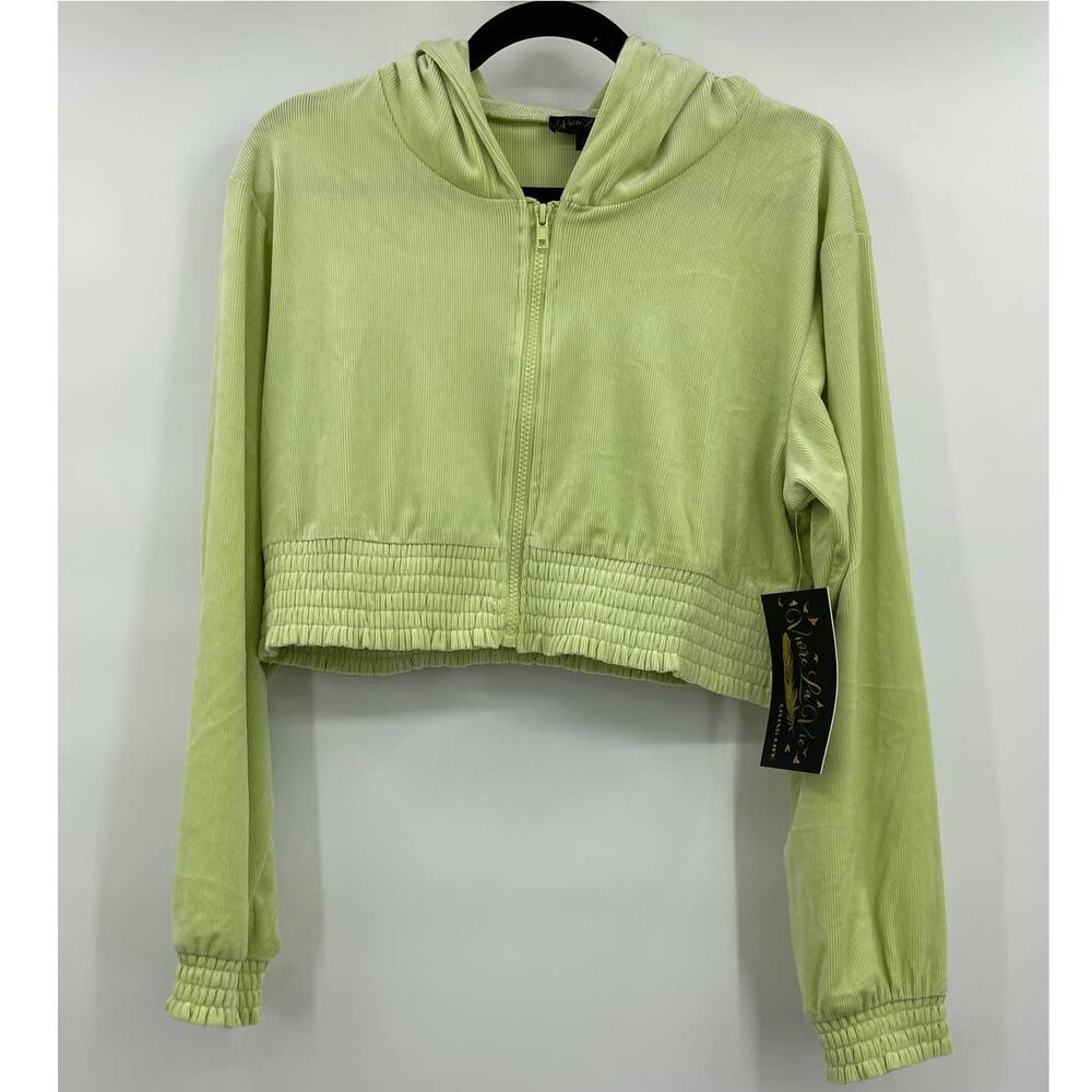 Vivre La Vie Womens Green Cropped Hooded Ribbed Jacket Large NEW